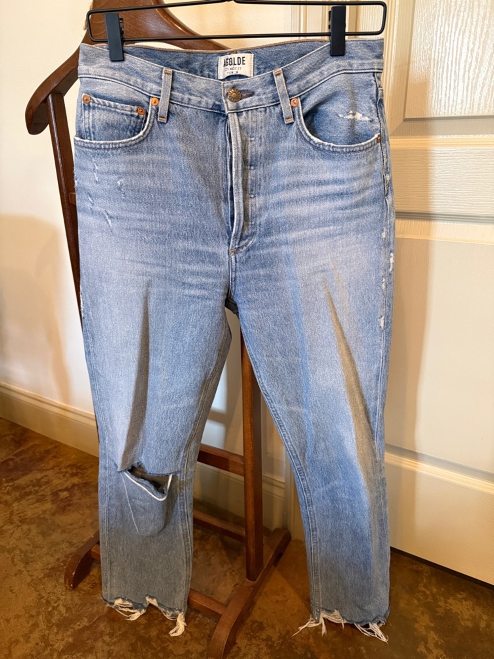 Agolde Faded Light Blue Straight-Leg Distressed Jeans
